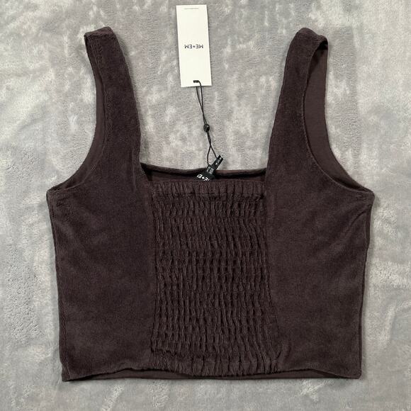 Me+Em Crop Top Womens 2 Brown Towelling Bralette Smocked Terry Cloth Minimal New - Picture 2 of 10